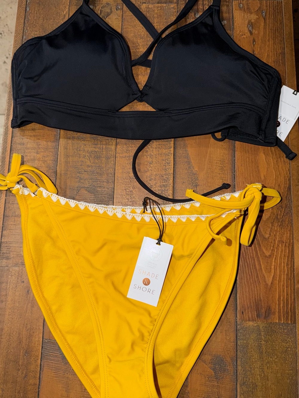 Shade & Shore Black Strappy Bikini Top with Yellow Tie-Side Bottoms